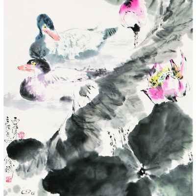 荷花双鸭